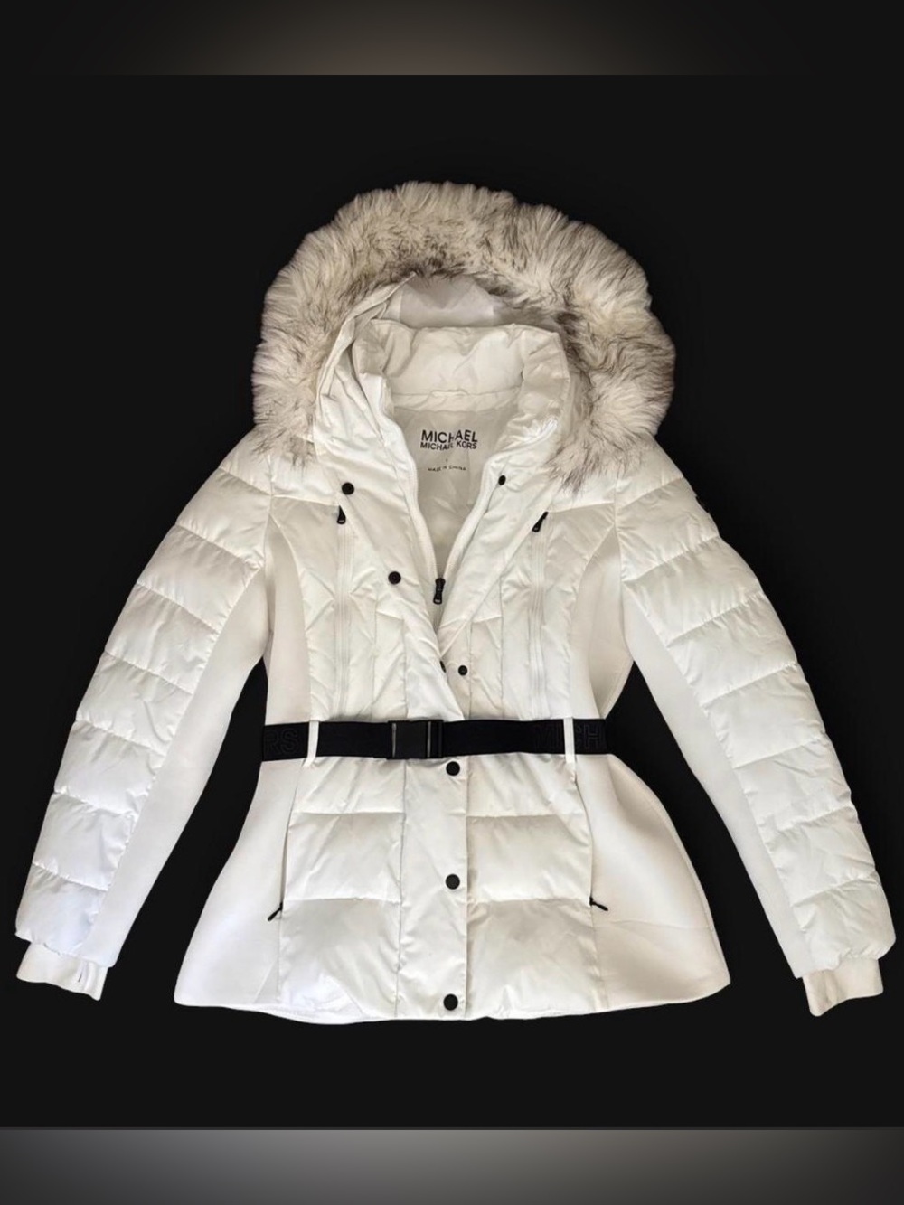 MICHAEL Michael Kors White Belted Puffer Coat Faux Fur Hood Women’s Large